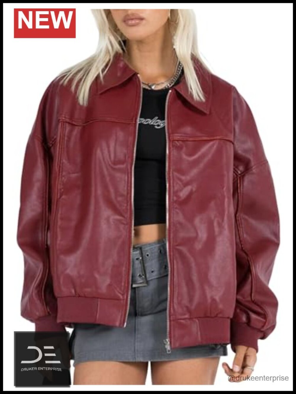 Oversized Faux Leather Bomber Jacket Point Collar Zip Closure